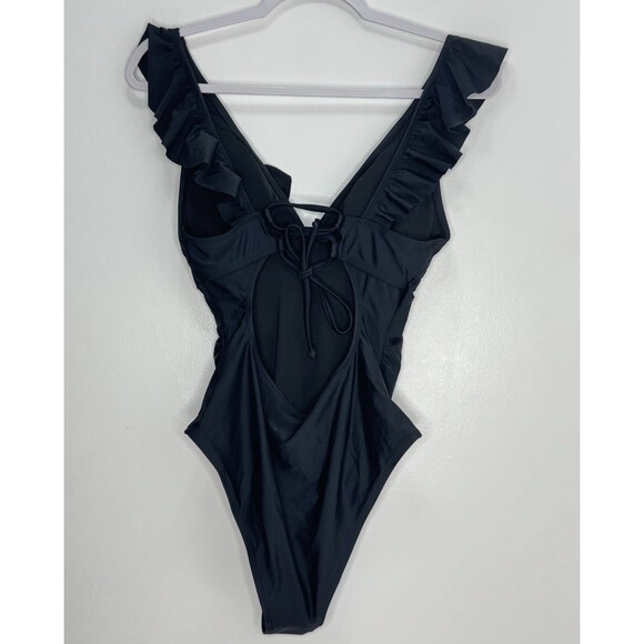 Cupshe Swimsuit Womens One Piece Ruffle Wide Strap Tie Closure M Black Seaside - Picture 4 of 8